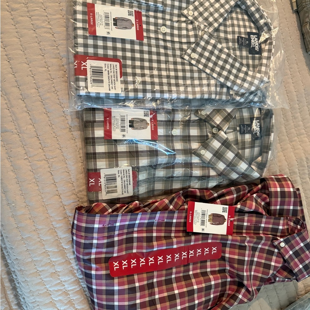 Lands' End Men's Plaid Shirts - Gray, Brown, and Red
